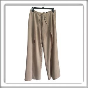 UUE Split Wide Leg Front Tie Back Zip Pants Linen Blend Tan Size Large